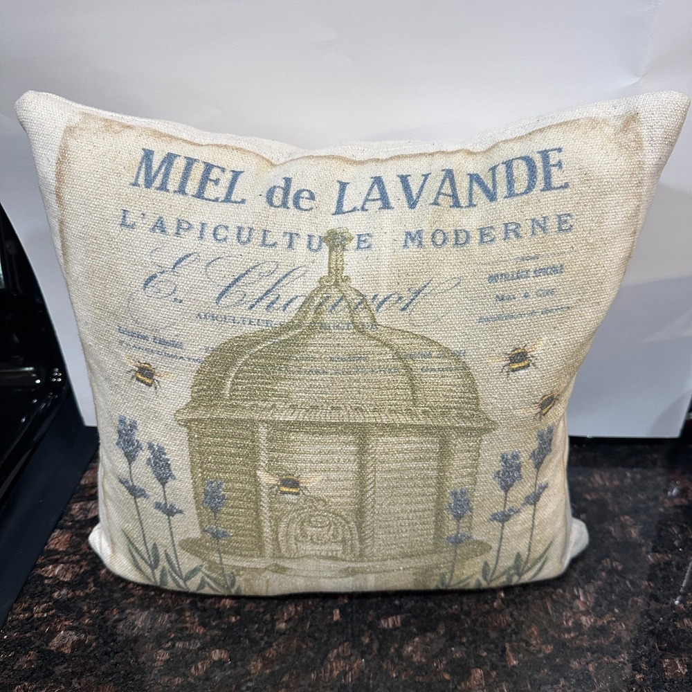 French Country Provence Beehive Miel de Lavande Lavender Begie Bee Throw Pillow